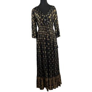ME 2 Magic Anthropologie Black Gold Metallic Print Maxi Dress Bell Sleeve Boho S